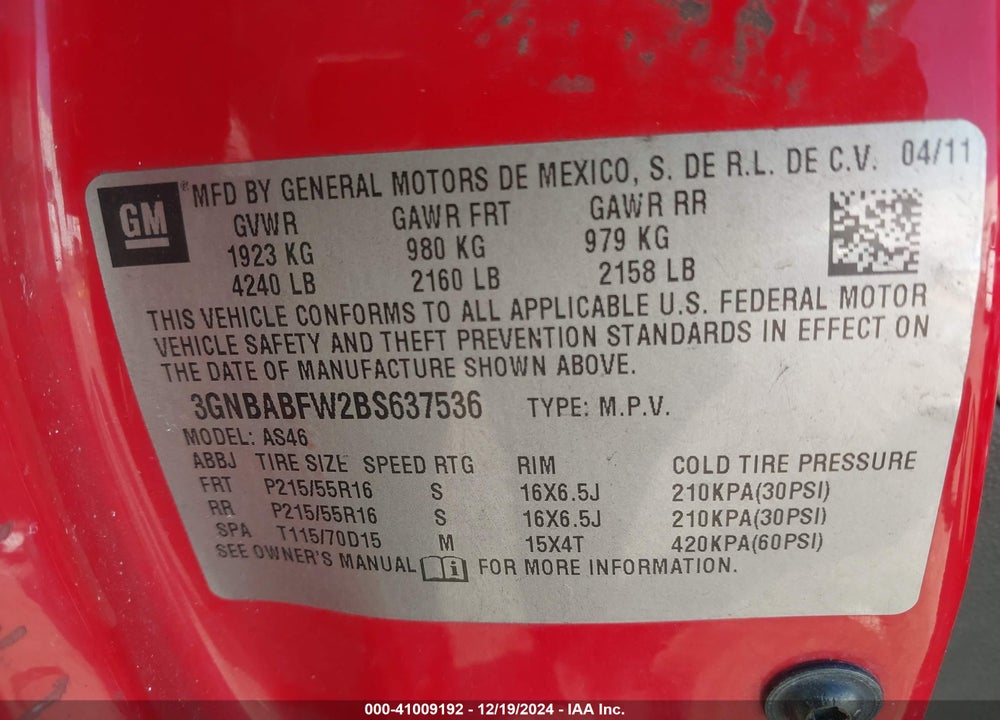 2011 CHEVROLET HHR LT VIN: 3GNBABFW2BS637536