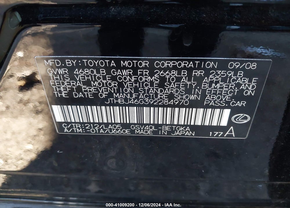 2009 LEXUS ES 350 VIN: JTHBJ46G392284970