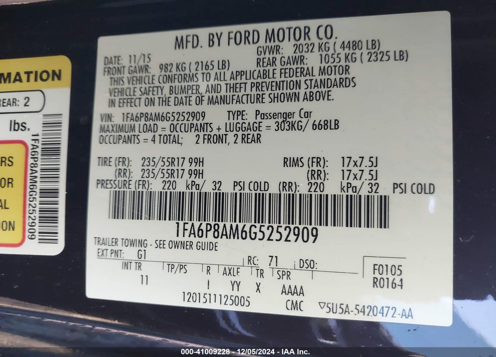 2016 FORD MUSTANG V6 VIN: 1FA6P8AM6G5252909