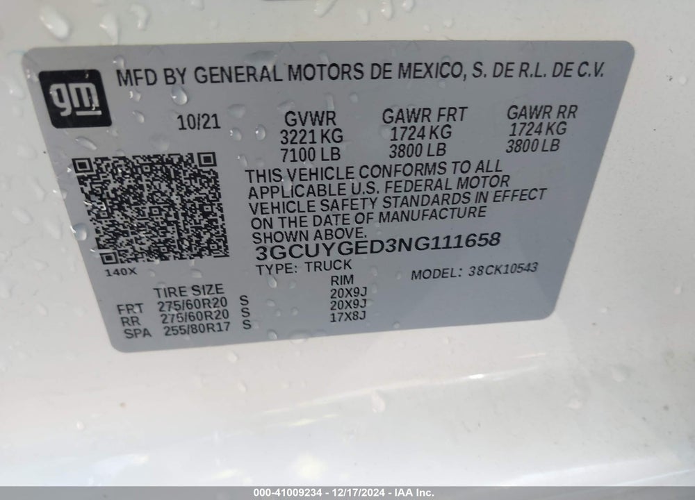 2022 CHEVROLET SILVERADO 1500 LTD VIN: 3GCUYGED3NG111658