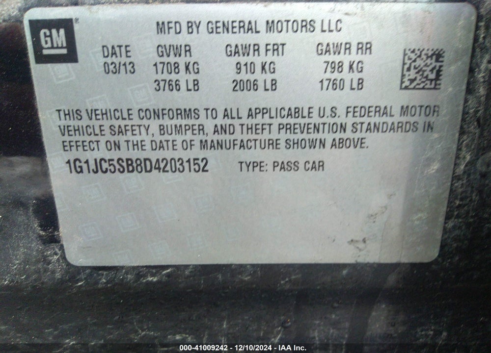 2013 CHEVROLET SONIC LT AUTO VIN: 1G1JC5SB8D4203152