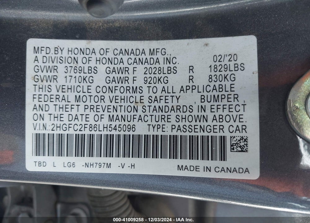 2020 HONDA CIVIC SPORT VIN: 2HGFC2F86LH545096