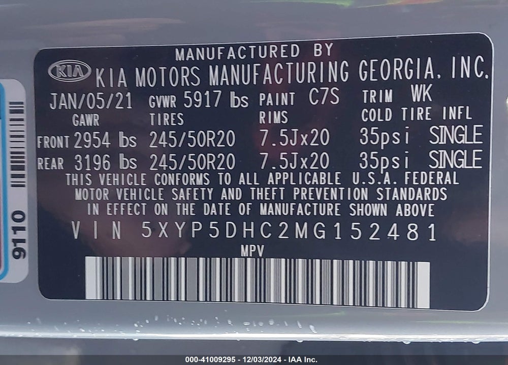 2021 KIA TELLURIDE SX VIN: 5XYP5DHC2MG152481