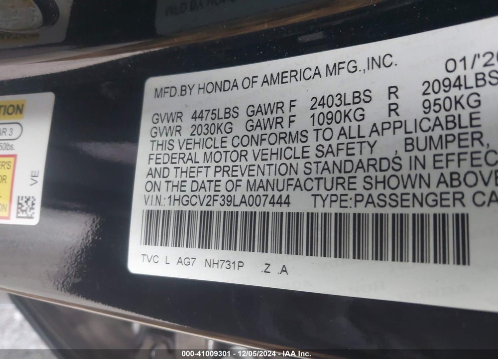 2020 HONDA ACCORD VIN: 1HGCV2F39LA007444