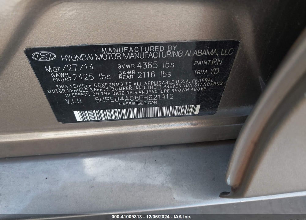 2014 HYUNDAI SONATA GLS VIN: 5NPEB4AC8EH921912