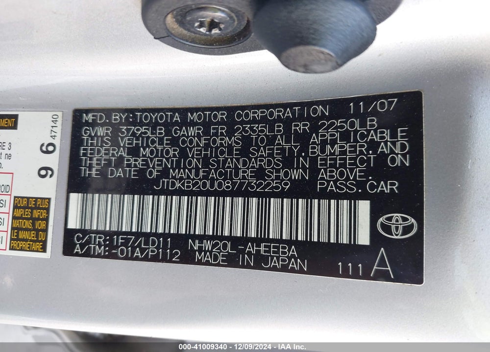 2008 TOYOTA PRIUS TOURING VIN: JTDKB20U087732259