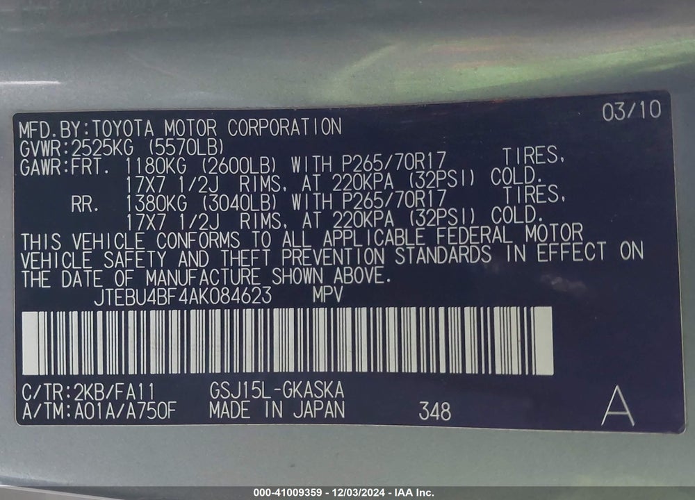 2010 TOYOTA FJ CRUISER VIN: JTEBU4BF4AK084623
