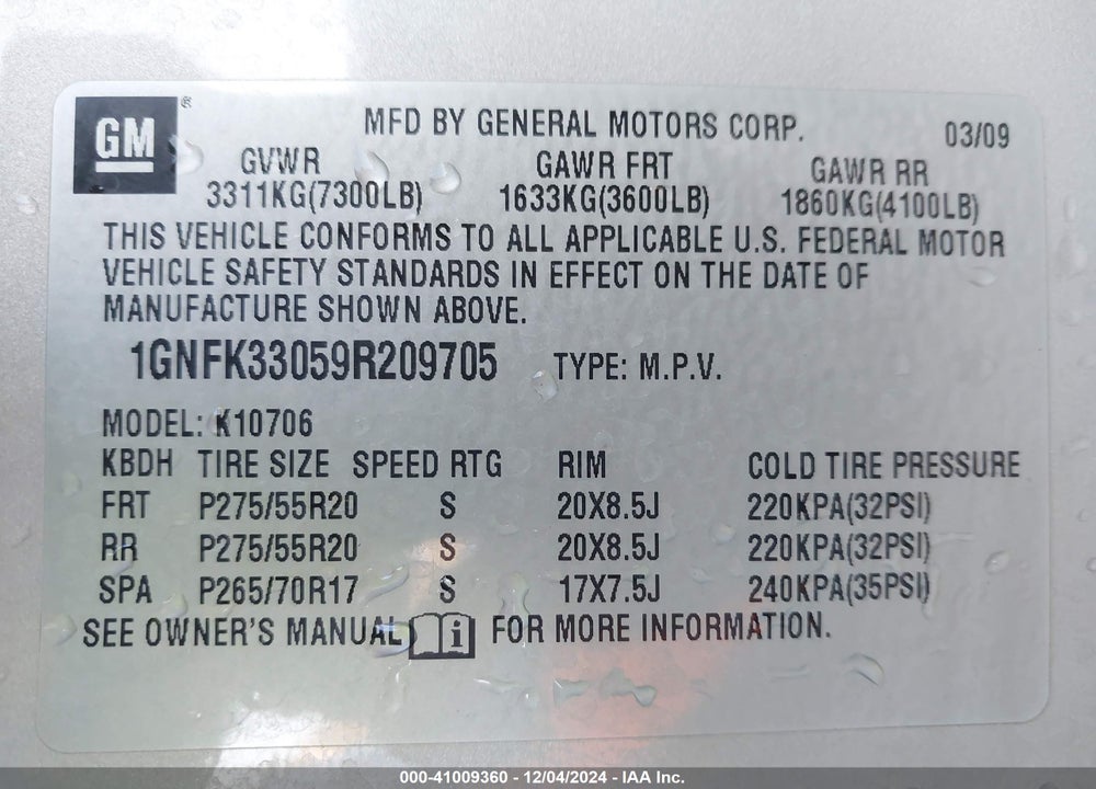 2009 CHEVROLET TAHOE LTZ VIN: 1GNFK33059R209705
