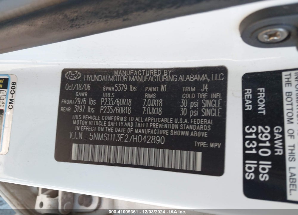 2007 HYUNDAI SANTA FE LIMITED/SE VIN: 5NMSH13E27H042890