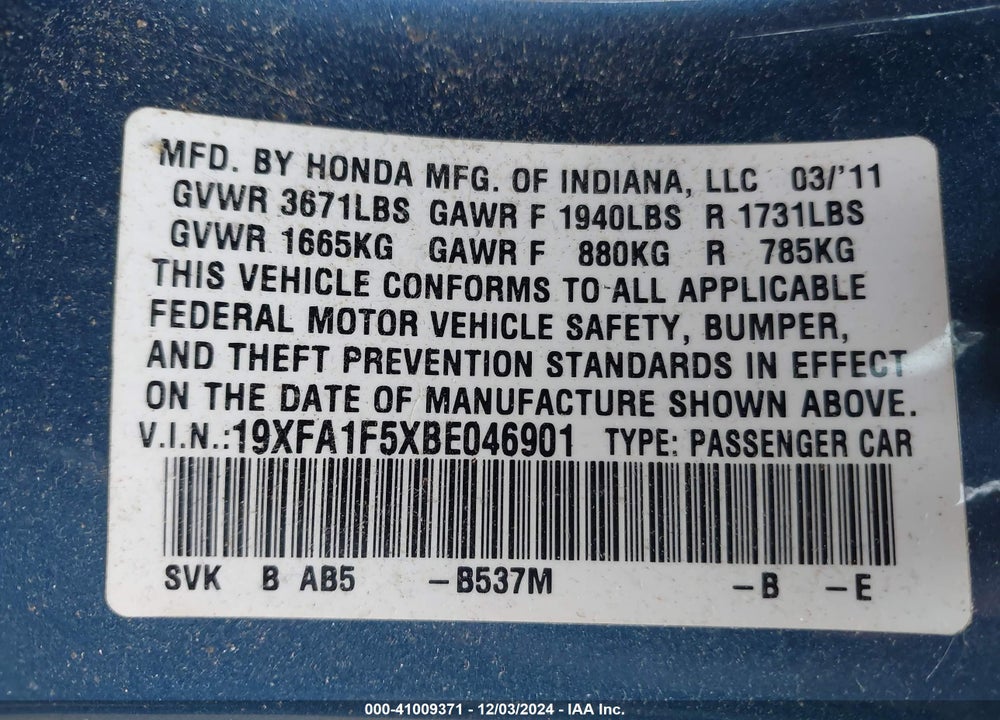 2011 HONDA CIVIC LX VIN: 19XFA1F5XBE046901
