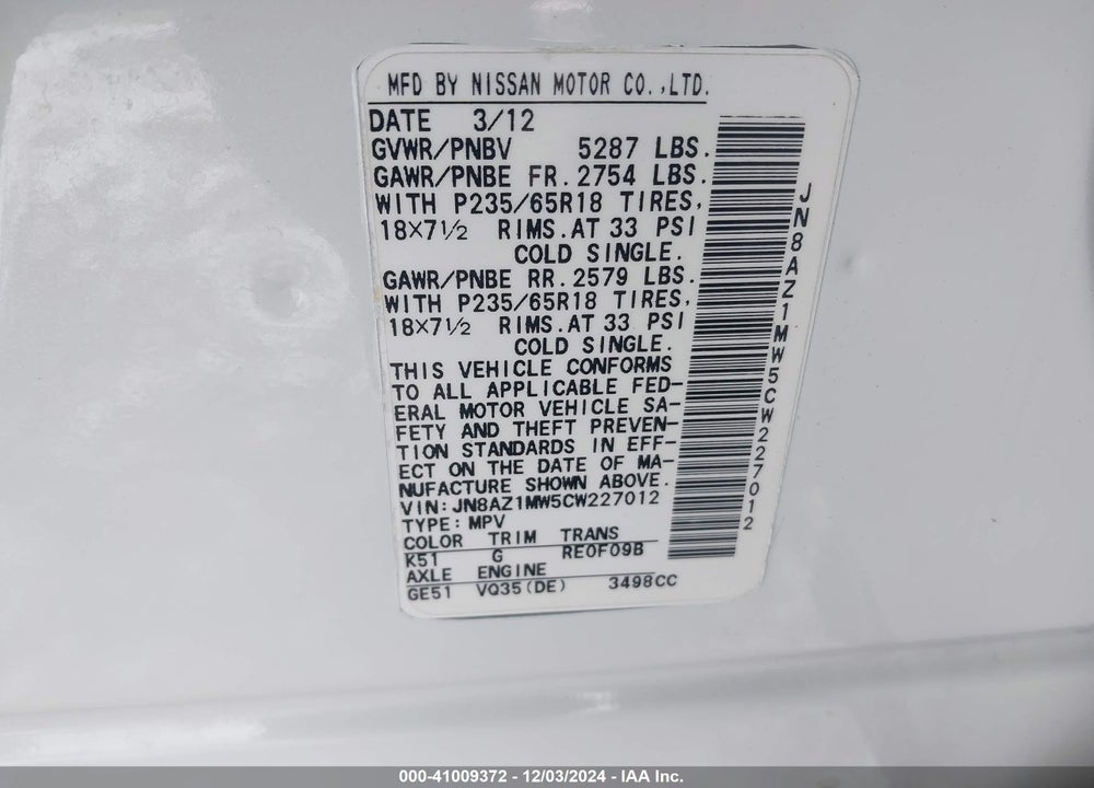 2012 NISSAN MURANO SL VIN: JN8AZ1MW5CW227012