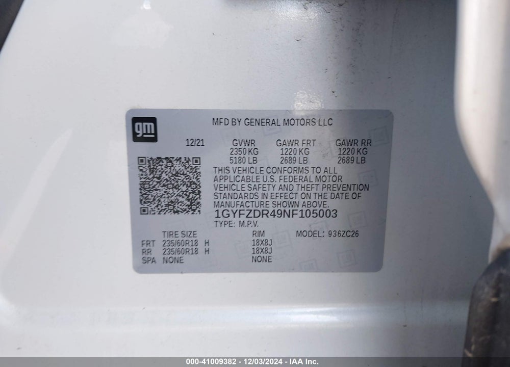 2022 CADILLAC XT4 AWD PREMIUM LUXURY VIN: 1GYFZDR49NF105003