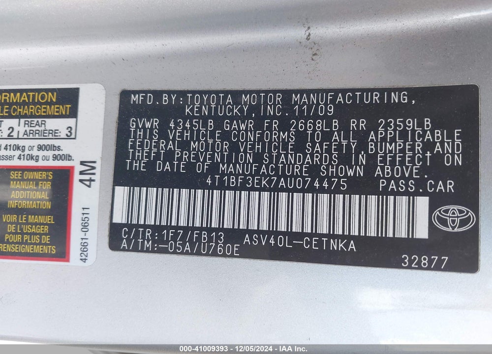 2010 TOYOTA CAMRY LE VIN: 4T1BF3EK7AU074475
