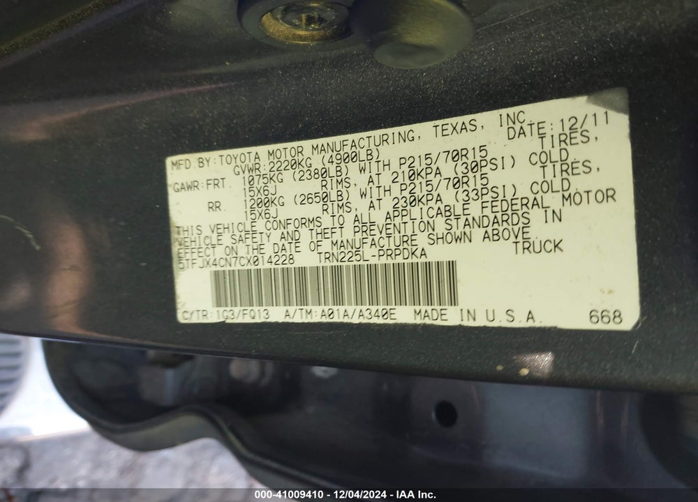 2012 TOYOTA TACOMA DOUBLE CAB VIN: 5TFJX4CN7CX014228