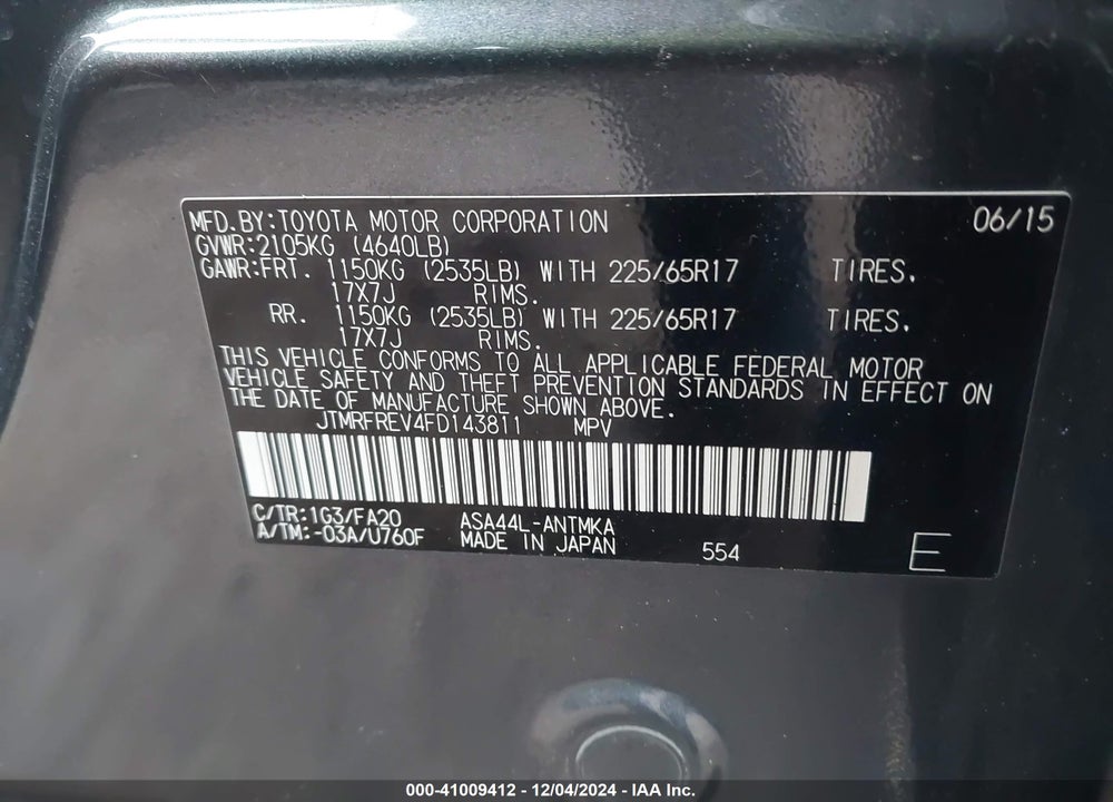2015 TOYOTA RAV4 XLE VIN: JTMRFREV4FD143811