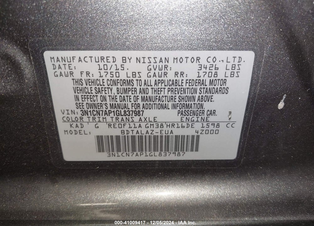 2016 NISSAN VERSA 1.6 S+ VIN: 3N1CN7AP1GL837987