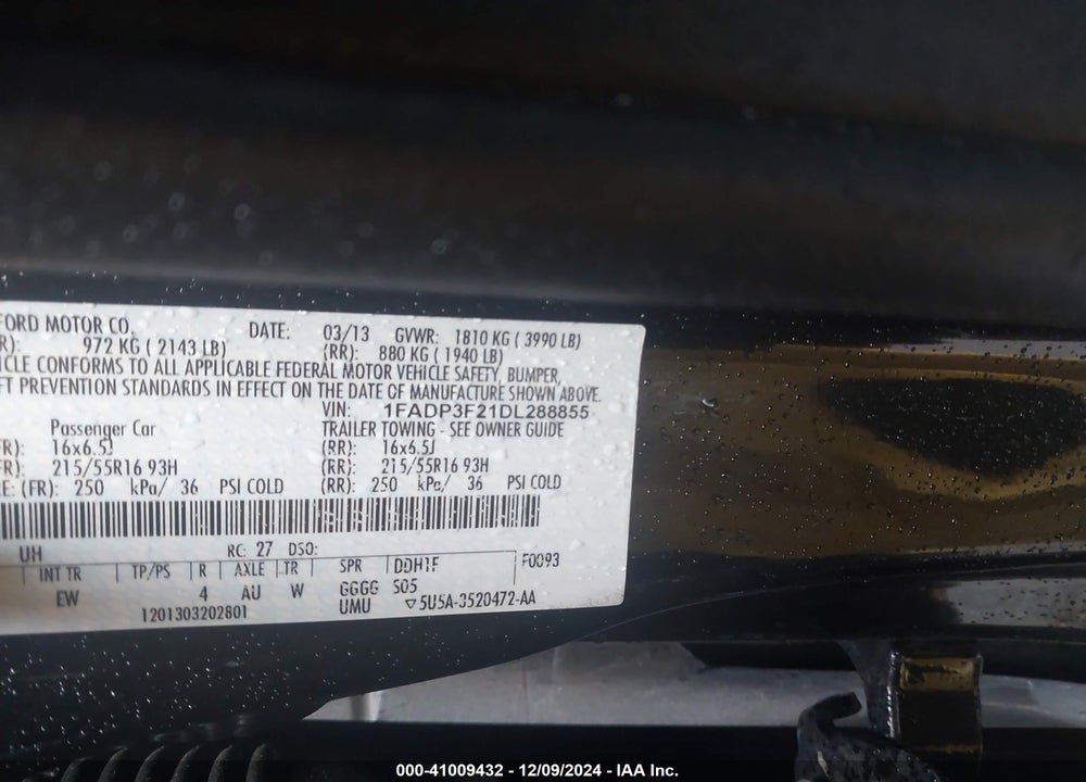 2013 FORD FOCUS SE VIN: 1FADP3F21DL288855