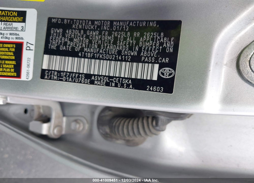 2013 TOYOTA CAMRY SE VIN: 4T1BF1FK5DU214112