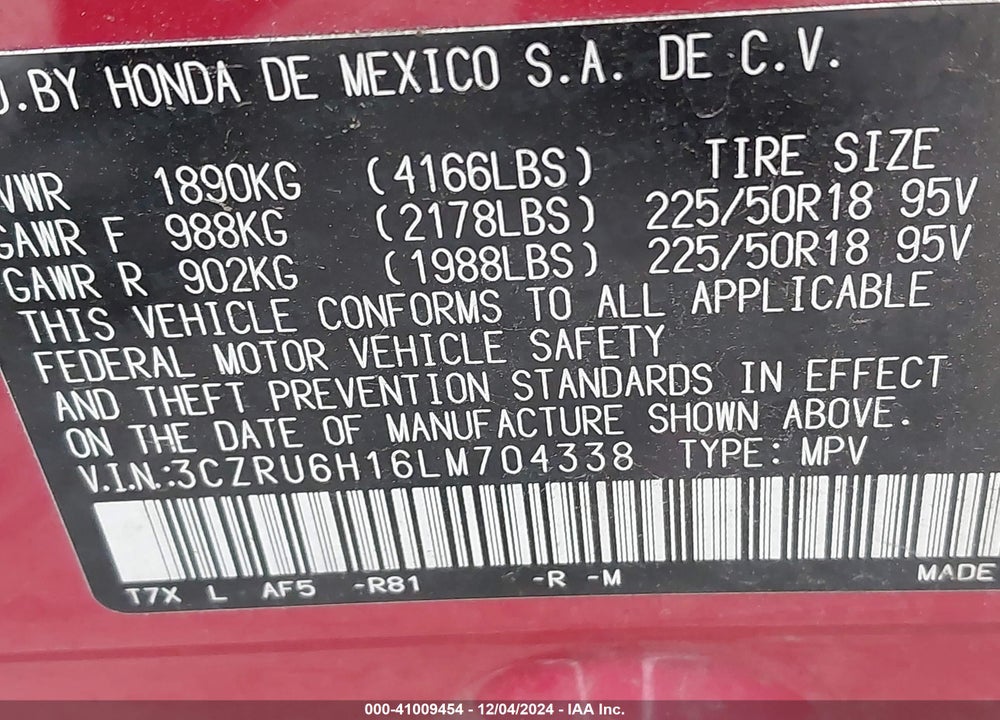 2020 HONDA HR-V VIN: 3CZRU6H16LM704338