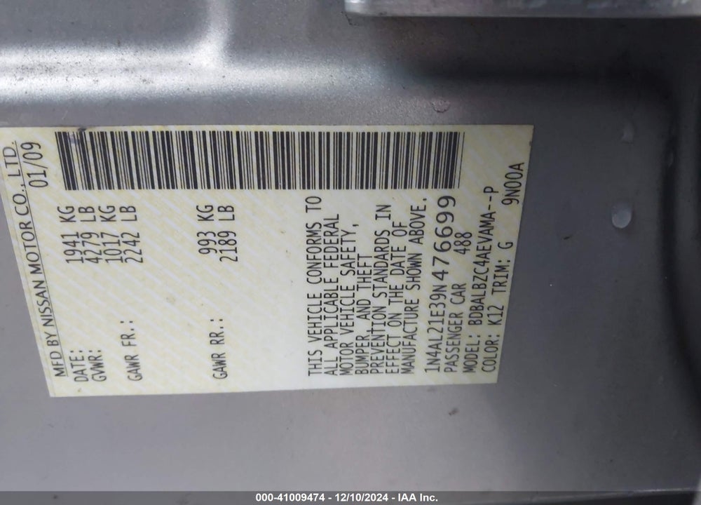 2009 NISSAN ALTIMA 2.5 S VIN: 1N4AL21E39N476699