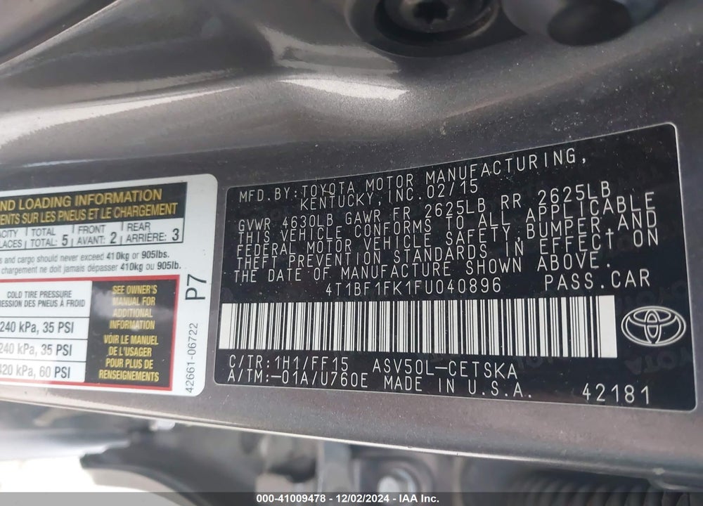 2015 TOYOTA CAMRY SE VIN: 4T1BF1FK1FU040896