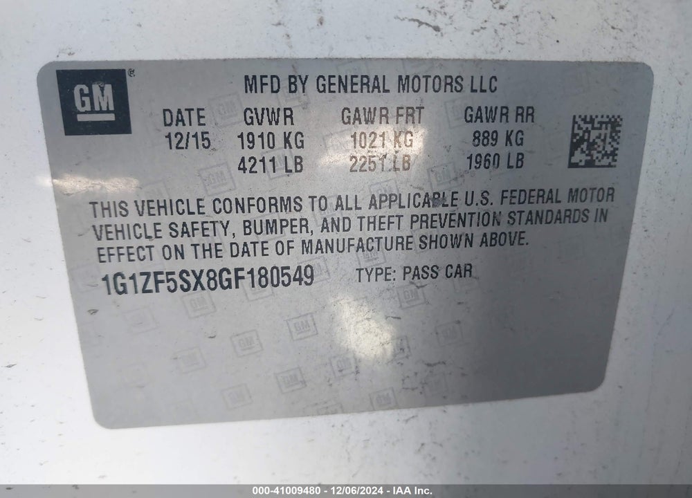 2016 CHEVROLET MALIBU VIN: 1G1ZF5SX8GF180549