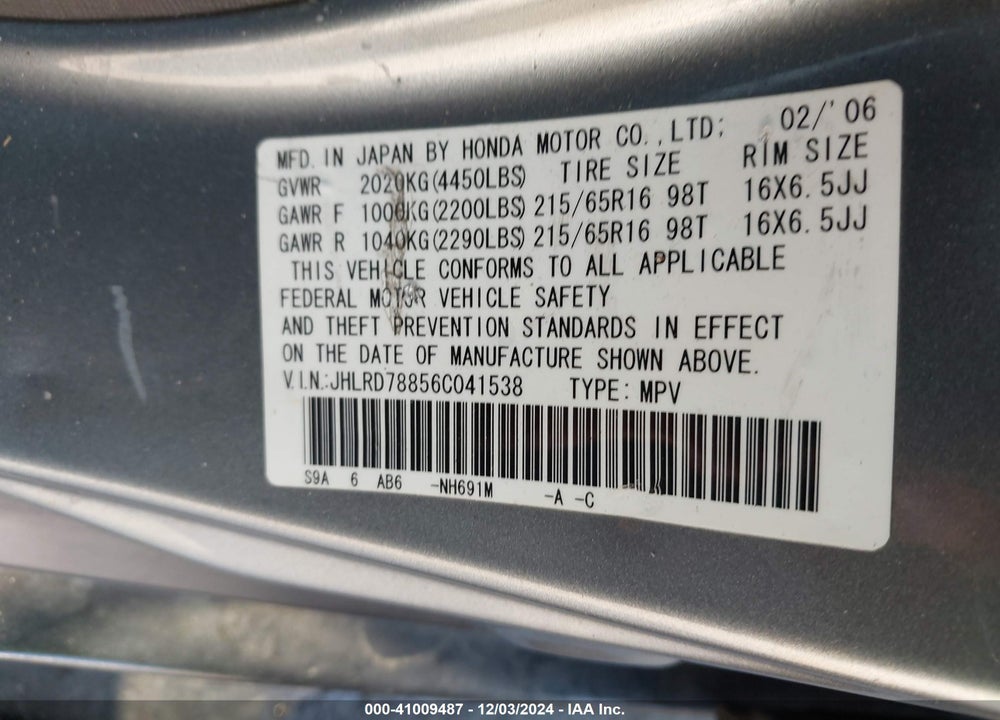 2006 HONDA CR-V EX VIN: JHLRD78856C041538
