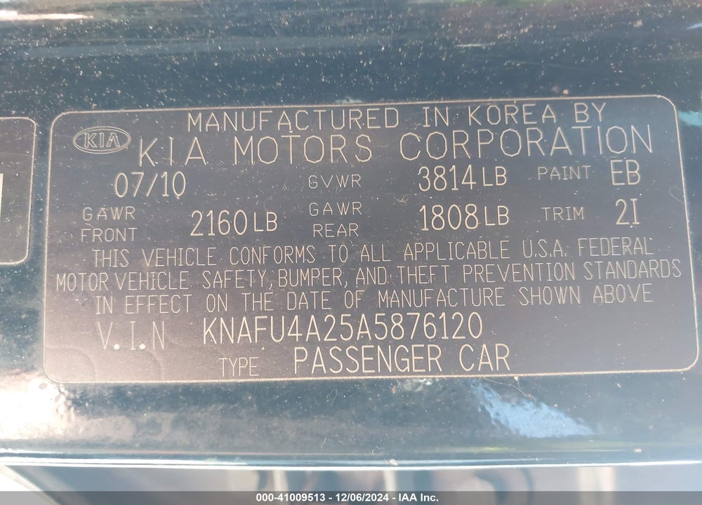 2010 KIA FORTE EX VIN: KNAFU4A25A5876120