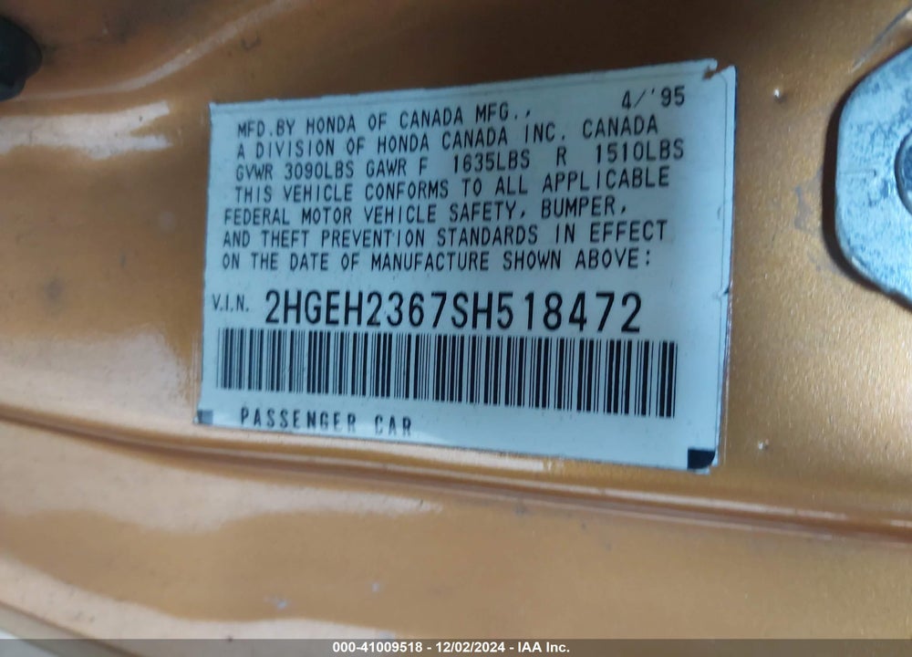 1995 HONDA CIVIC DX VIN: 2HGEH2367SH518472