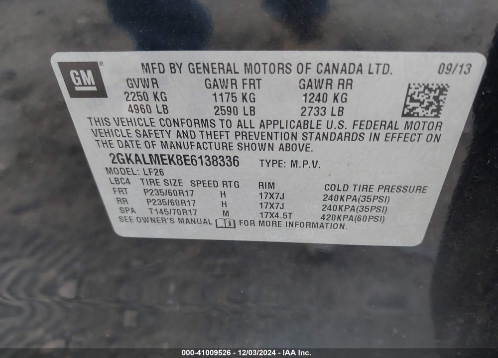 2014 GMC TERRAIN SLE-1 VIN: 2GKALMEK8E6138336
