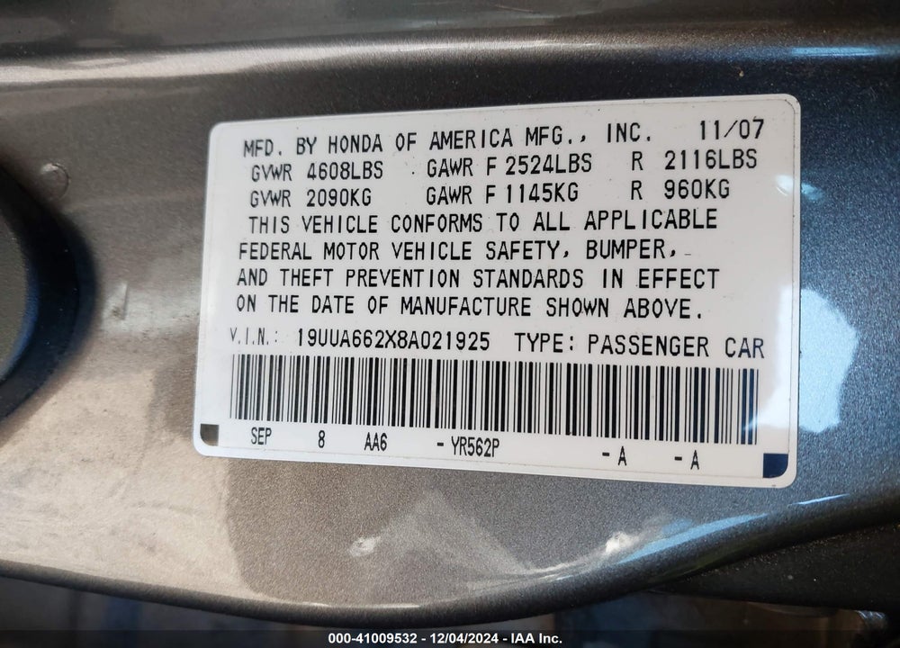 2008 ACURA TL 3.2 VIN: 19UUA662X8A021925