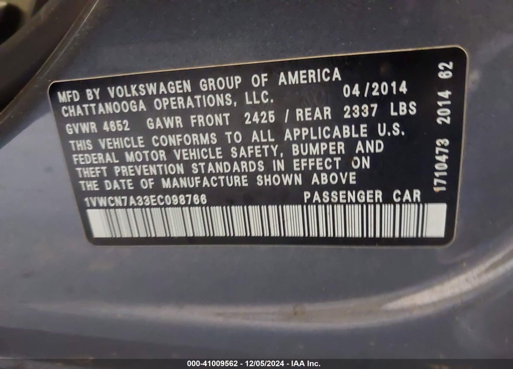 2014 VOLKSWAGEN PASSAT 2.0L TDI SEL PREMIUM VIN: 1VWCN7A33EC098766