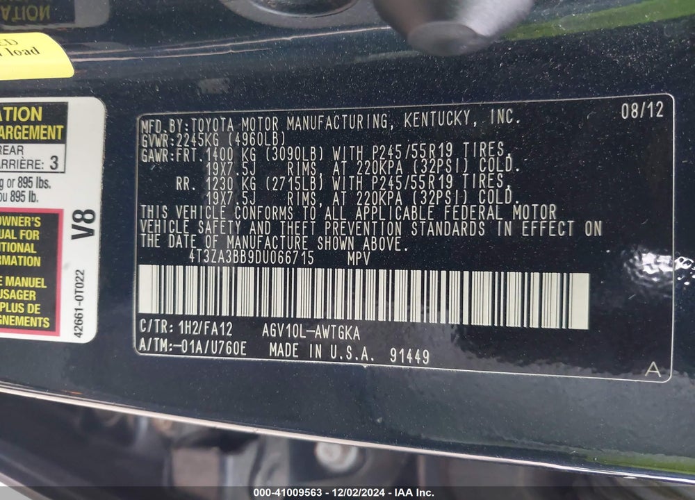 2013 TOYOTA VENZA LE VIN: 4T3ZA3BB9DU066715