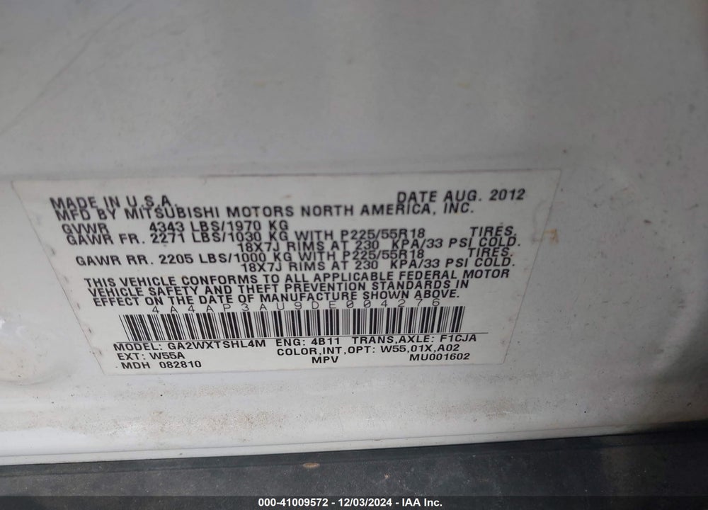 2013 MITSUBISHI OUTLANDER SPORT ES VIN: 4A4AP3AU9DE004276