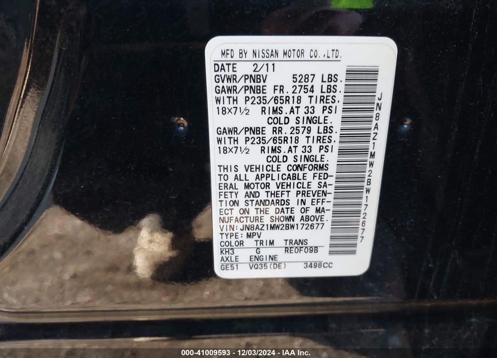 2011 NISSAN MURANO SL VIN: JN8AZ1MW2BW172677