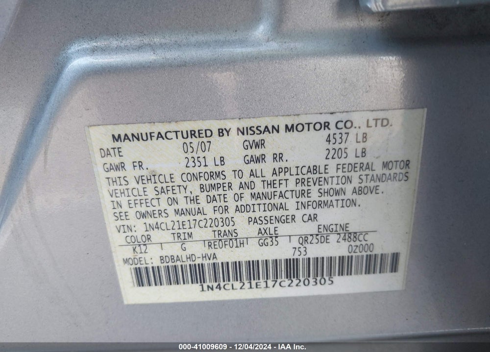 2007 NISSAN ALTIMA HYBRID VIN: 1N4CL21E17C220305
