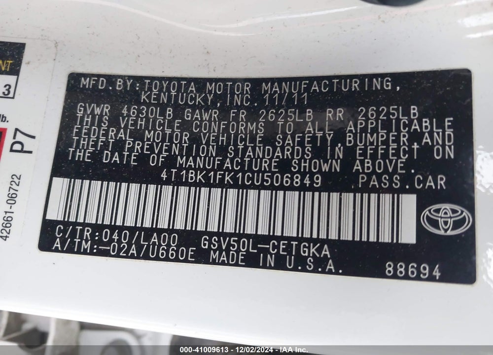 2012 TOYOTA CAMRY XLE V6 VIN: 4T1BK1FK1CU506849