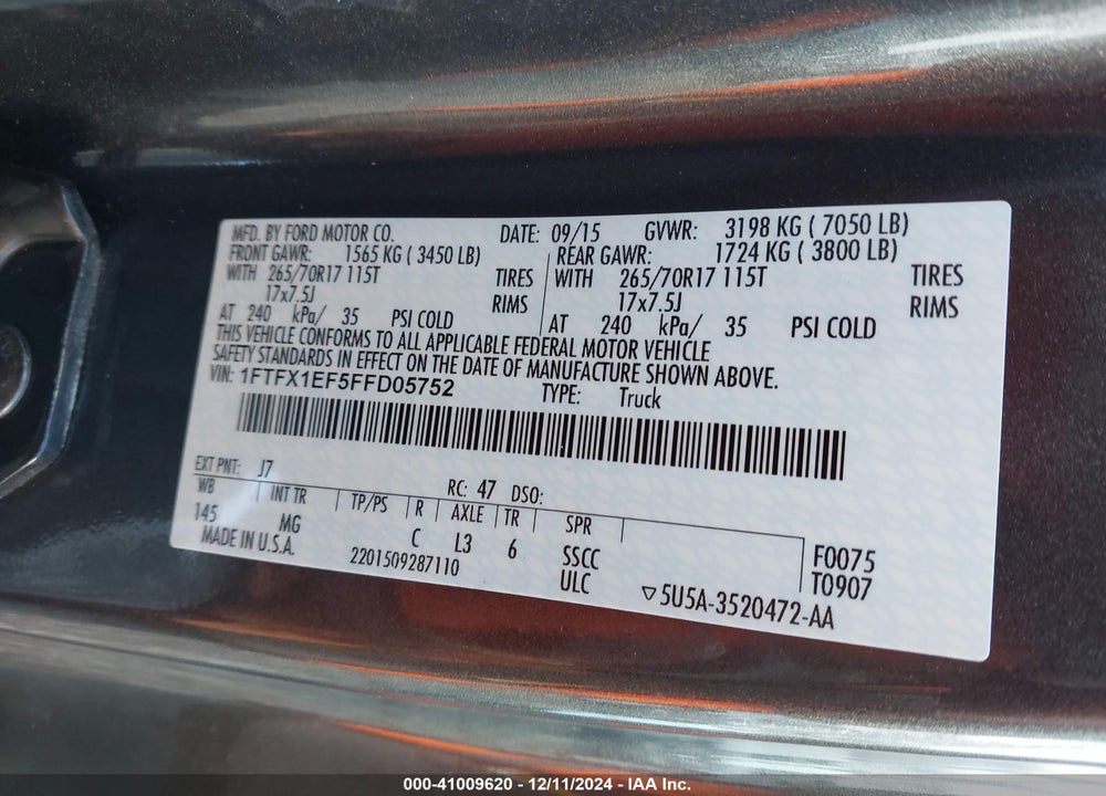2015 FORD F-150 XLT VIN: 1FTFX1EF5FFD05752