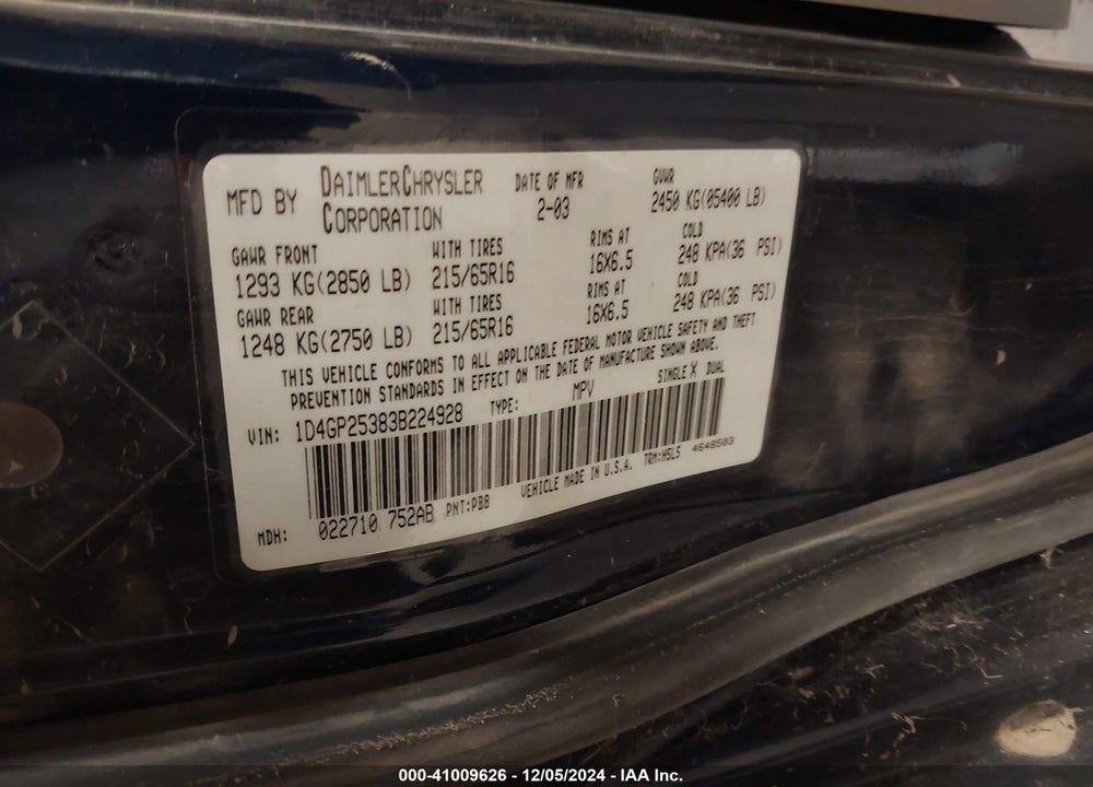 2003 DODGE CARAVAN SE VIN: 1D4GP25383B224928