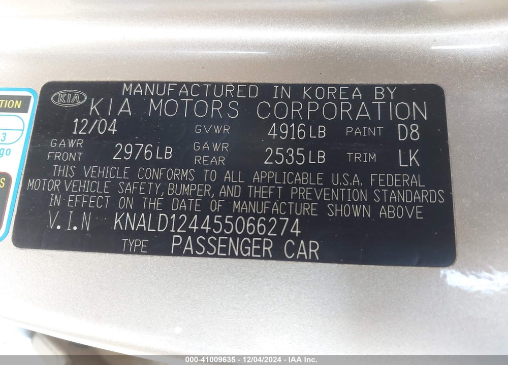 2005 KIA AMANTI VIN: KNALD124455066274