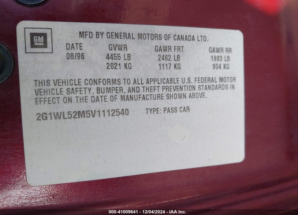 1997 CHEVROLET LUMINA POLICE VIN: 2G1WL52M5V1112540