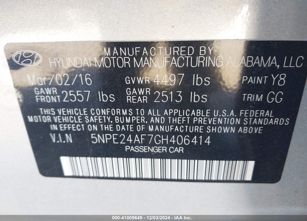 2016 HYUNDAI SONATA VIN: 5NPE24AF7GH406414