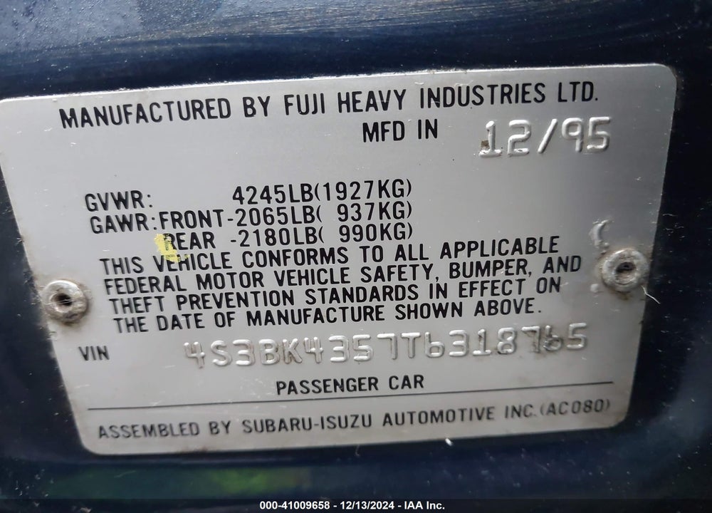 1996 SUBARU LEGACY L VIN: 4S3BK4357T6318765