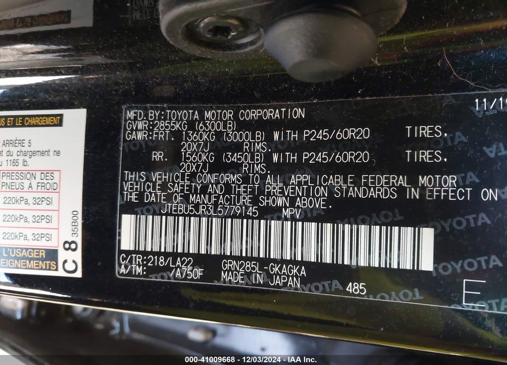 2020 TOYOTA 4RUNNER LIMITED VIN: JTEBU5JR3L5779145