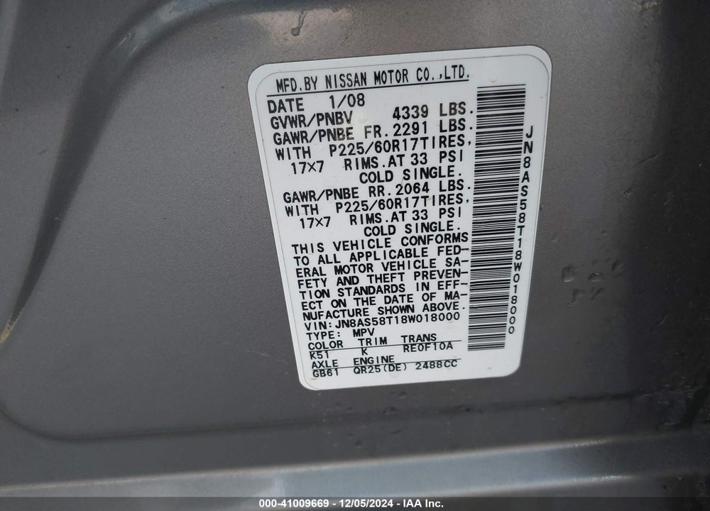2008 NISSAN ROGUE SL VIN: JN8AS58T18W018000