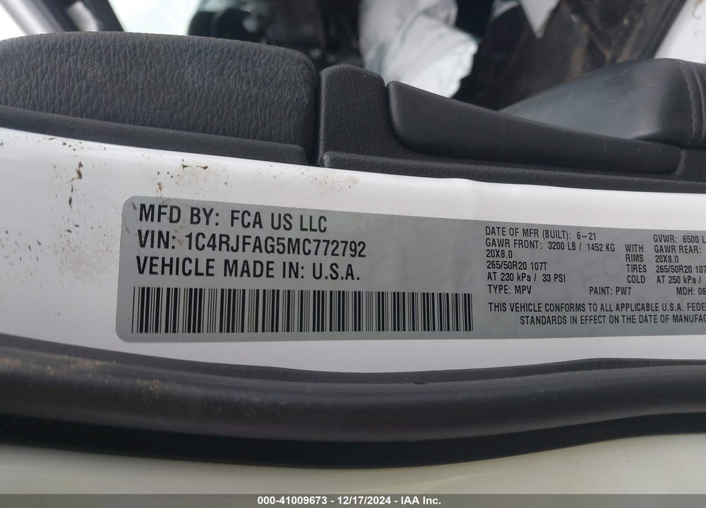 2021 JEEP GRAND CHEROKEE LAREDO X 4X4 VIN: 1C4RJFAG5MC772792