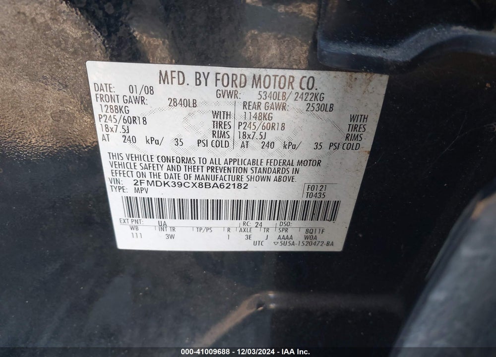 2008 FORD EDGE LIMITED VIN: 2FMDK39CX8BA62182
