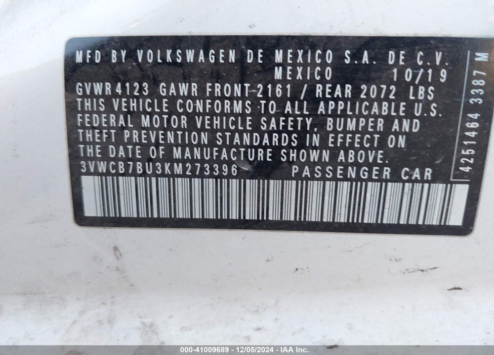 2019 VOLKSWAGEN JETTA VIN: 3VWCB7BU3KM273396