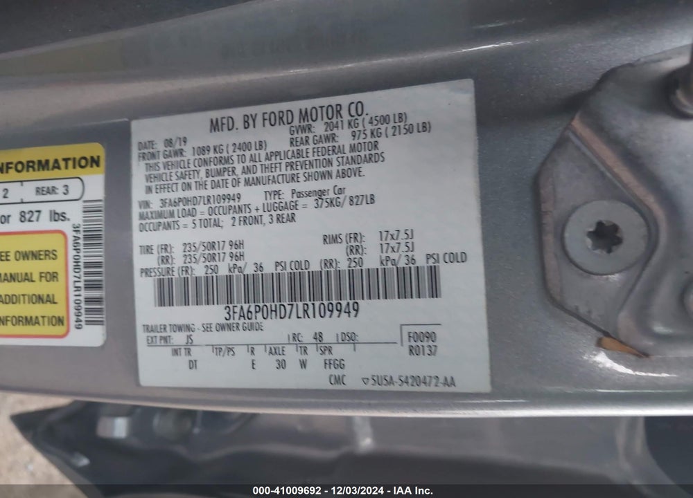 2020 FORD FUSION VIN: 3FA6P0HD7LR109949
