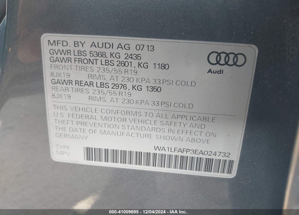 2014 AUDI Q5 2.0T PREMIUM VIN: WA1LFAFP3EA024732